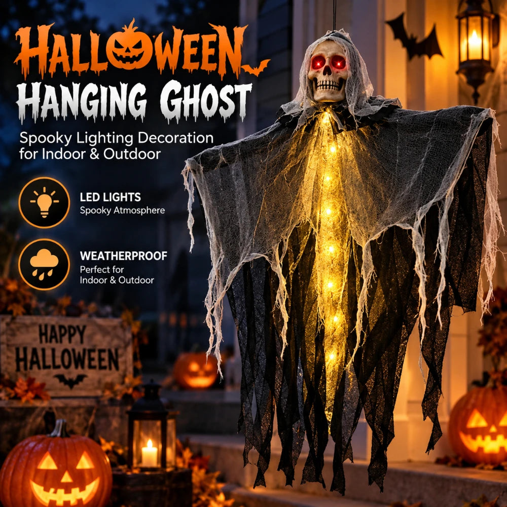 1 unidad de calavera iluminada con esqueleto y gasa, fantasma colgante, accesorio de Halloween, decoración festiva para fiestas temáticas y decoración de ambiente.