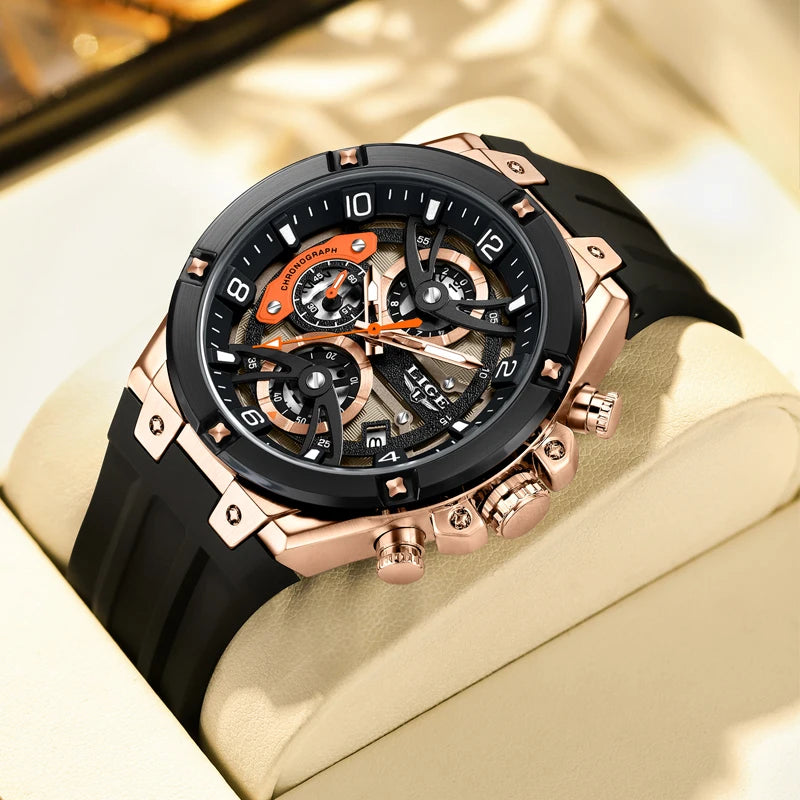 Reloj deportivo LIGE para hombre, de marca de lujo, con correa de silicona, cronógrafo, función de esfera pequeña, reloj de pulsera de cuarzo, resistente al agua y luminoso
