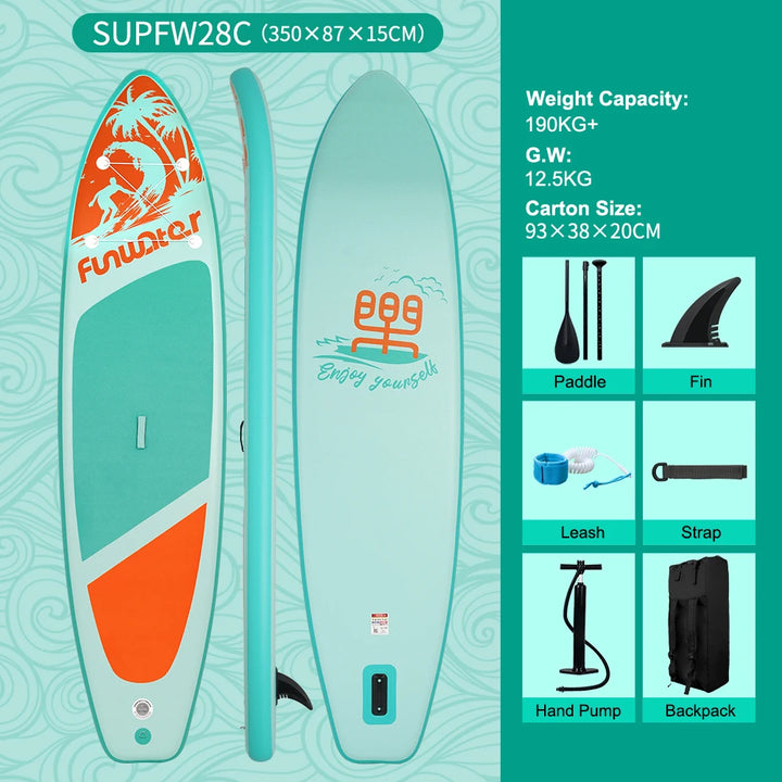 SUP hinchable Funwater SUPFW55C, 335x84x15 cm, 165 kg+, tabla de paddle surf rosa y lila con palmeras tropicales para yoga, escapadas a la playa, rutas en lagos y pesca tranquila, accesorios incluidos