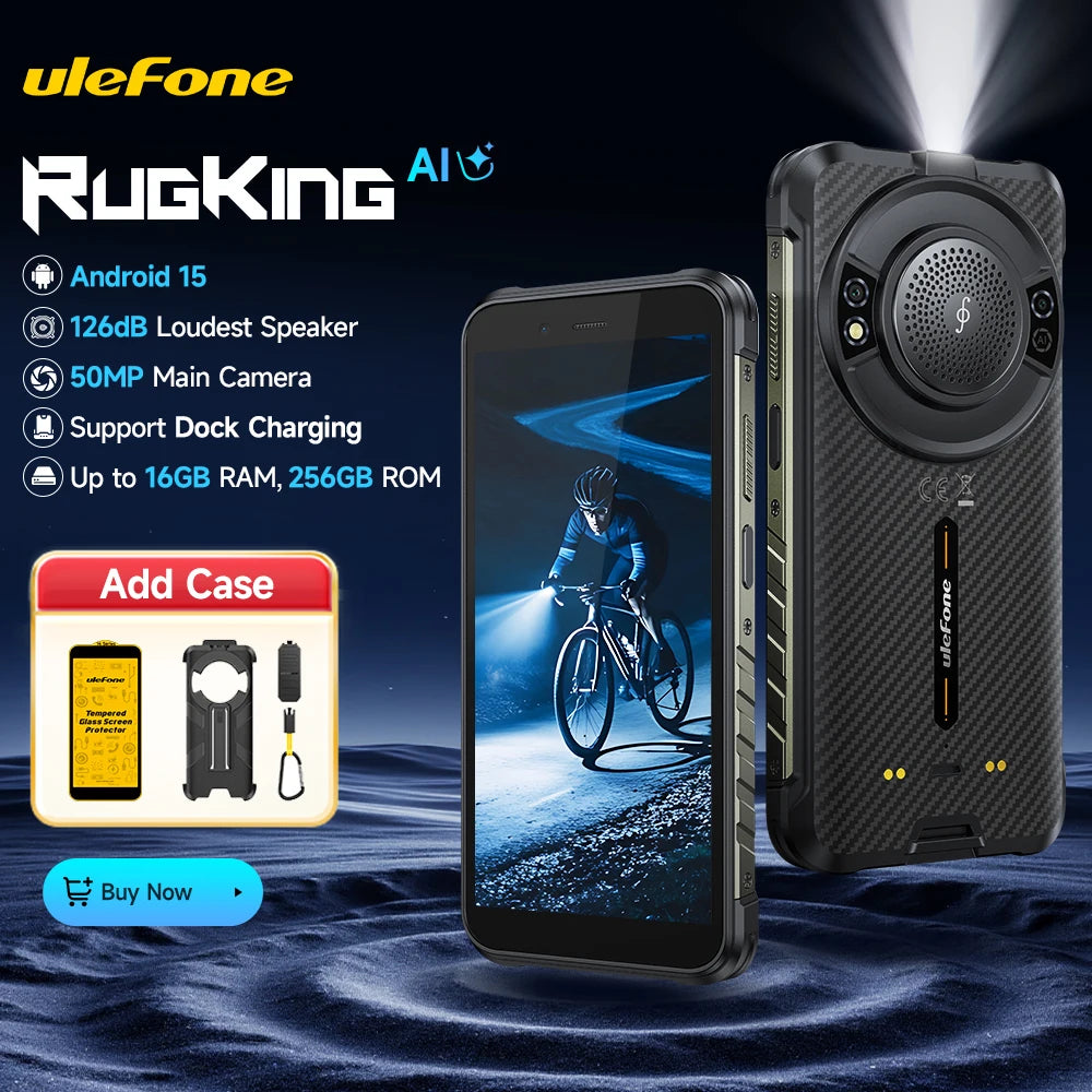 Smartphone ultrarresistente Ulefone RugKing 4G, Android 15, hasta 16GB RAM+256GB ROM, 9600mAh, NFC, pantalla de 5.99", altavoz potente, teléfono resistente al agua