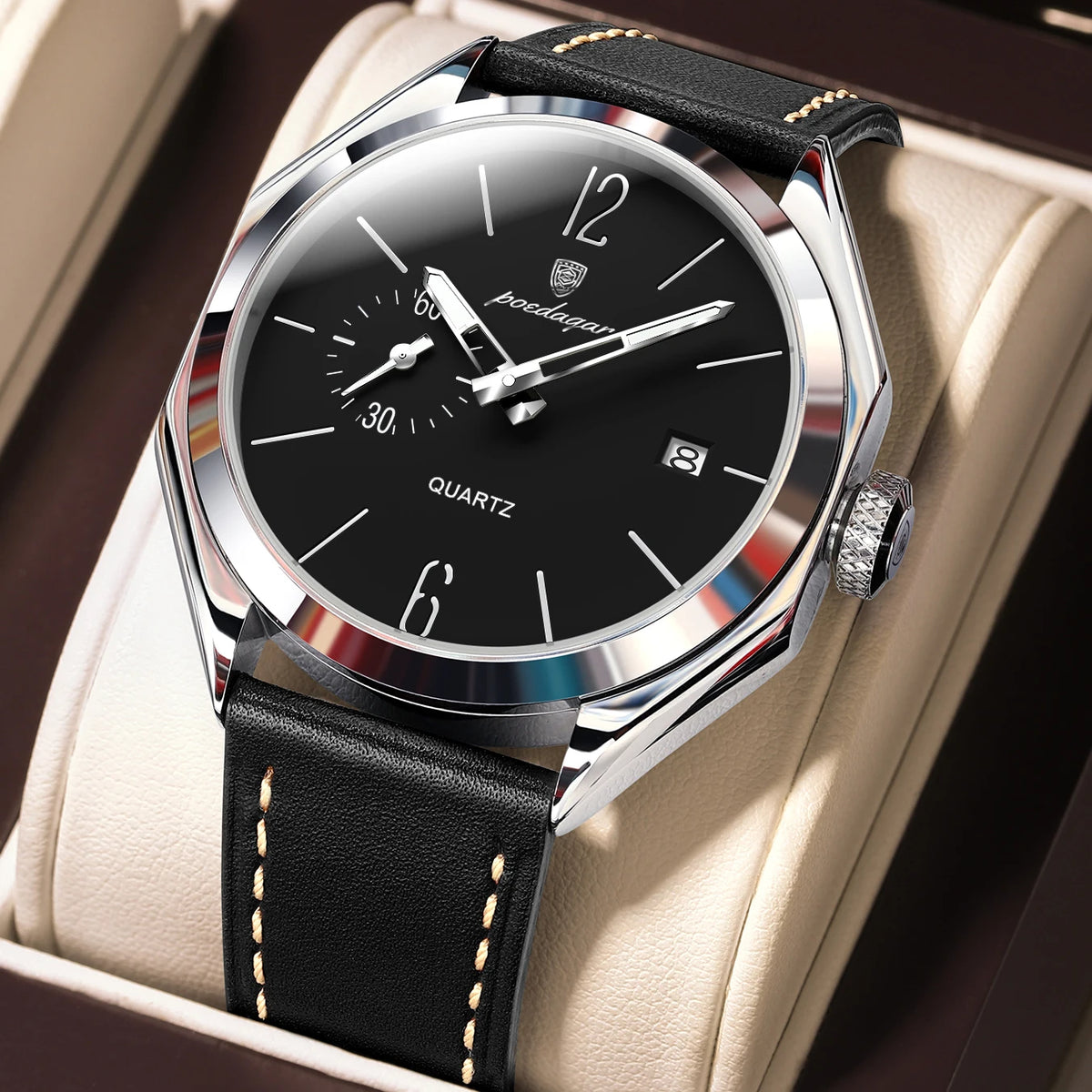 Reloj de pulsera original de cuarzo para hombre POEDAGAR, de piel, para negocios, resistente al agua, con fecha luminosa, reloj elegante para hombre.