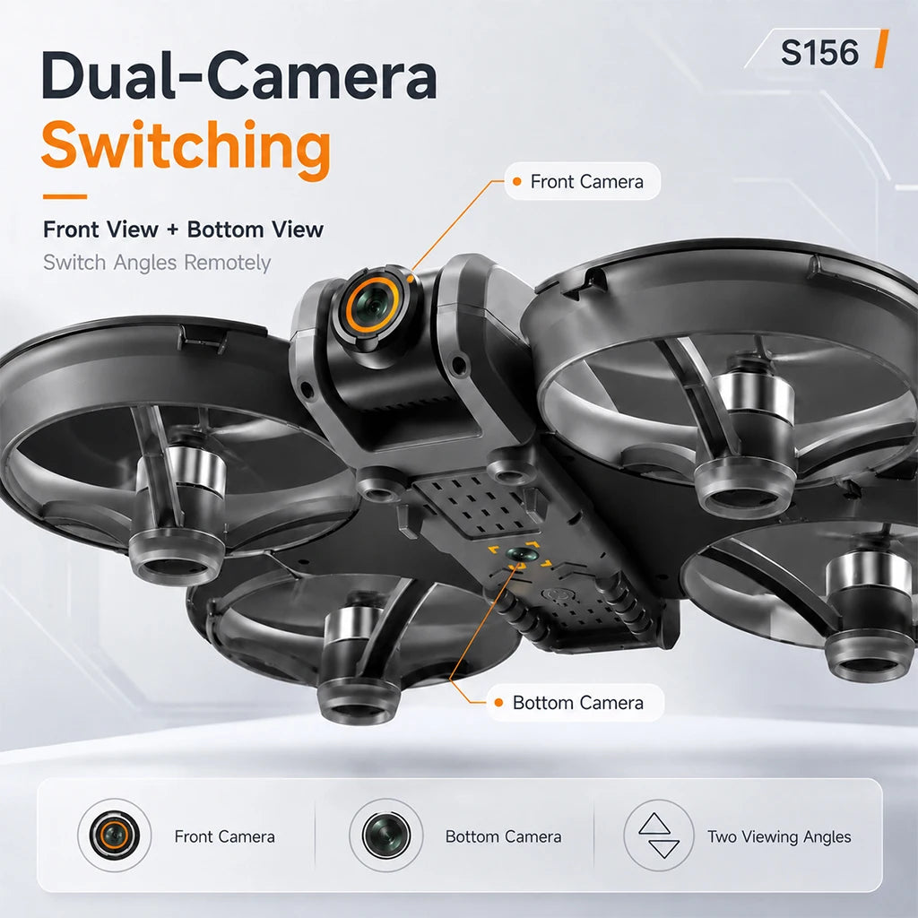 Drone RC negro/gris con cámaras frontal y inferior y vista superior de hélices.