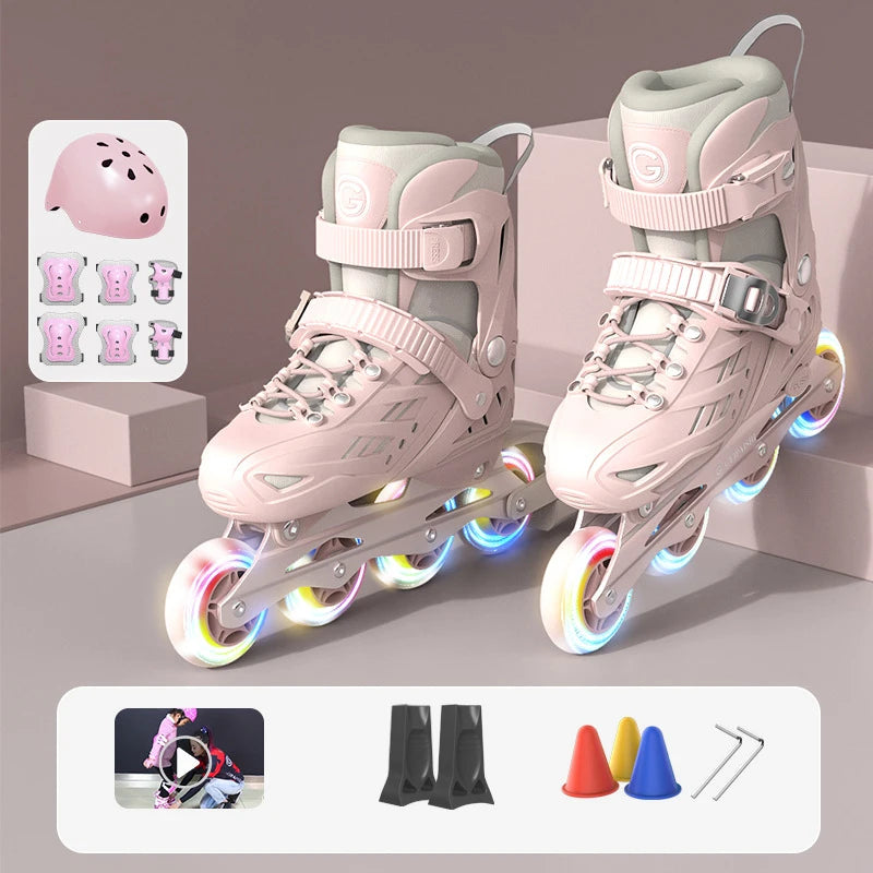 Patines en Línea con 4 Ruedas y Luces Intermitentes, con Juego Completo de Protección, Casco, Rodilleras, Coderas, Bolsa de Transporte, Talla Ajustable para Niños y Niñas