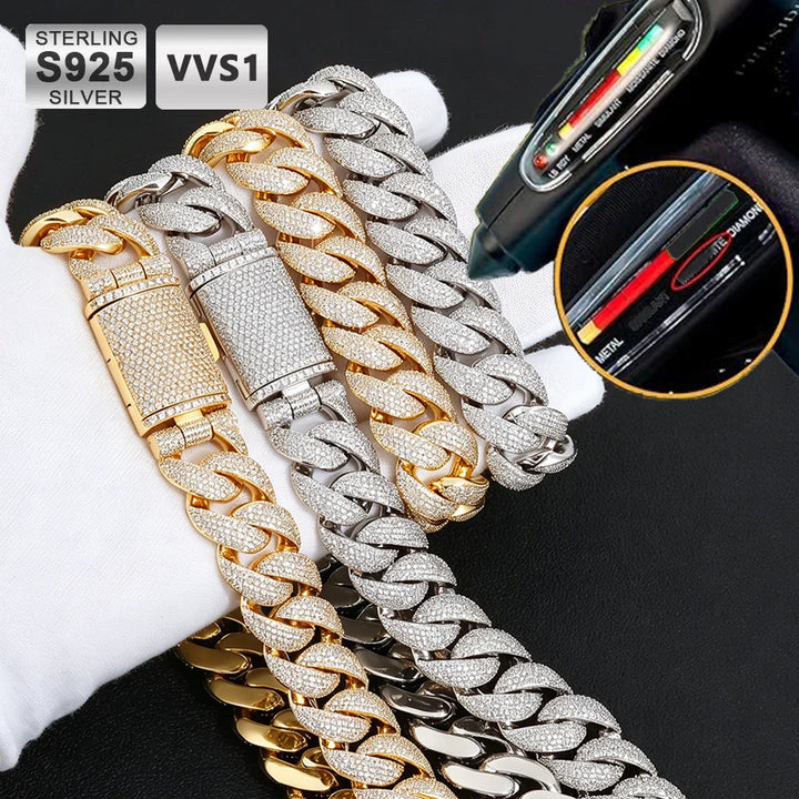 Collar de Eslabones Cubanos de Plata de Ley 925 con Incrustaciones de 5 Filas de Moissanita VVS1 de 22mm de Grosor, Estilo Iced Out, para Hombre