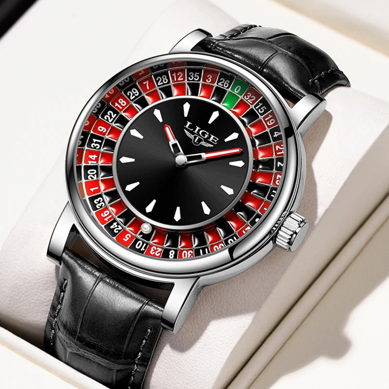 LIGE Casino Roulette Dial Men Watch Retro Brown Leather Strap Waterproof Quartz Watches for Men Business Casual Wrist Gift Watch