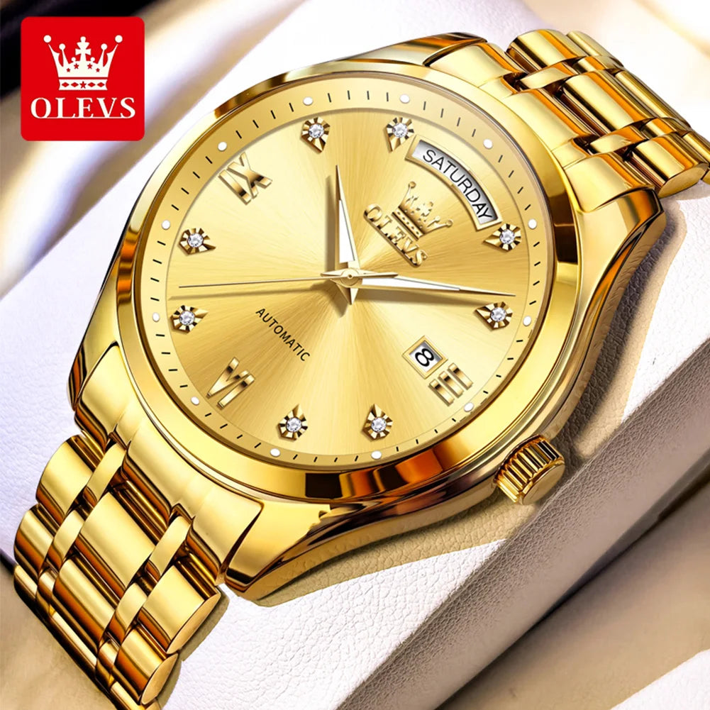 Reloj original de la marca OLEVS 6752 para hombre, reloj mecánico sencillo de lujo con correa de acero y caja de regalo.