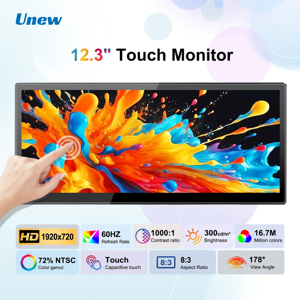 Monitor Portátil Táctil Unew de 12.3 Pulgadas, 1920x720 IPS, Pantalla Secundaria, Pantalla Táctil Capacitiva de 10 Puntos, Monitor Extendido para Laptop