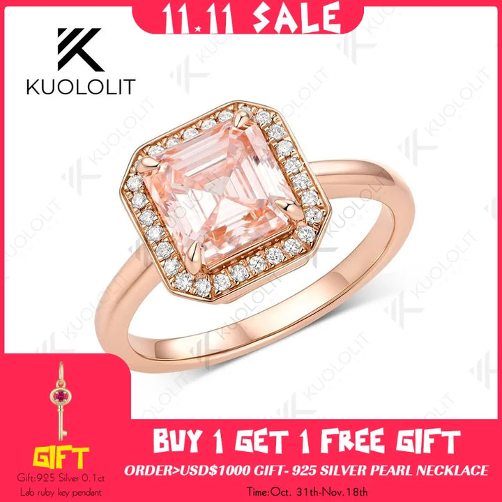 Anillo de Diamantes de Laboratorio Rosa Fantasía IGI de 2.5CT Kuololit para Mujer, Anillo de Eternidad Asscher de Oro Amarillo Sólido de 14K para Compromiso y Navidad