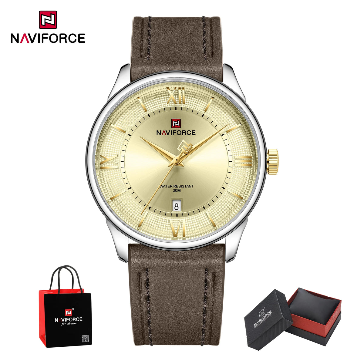 Reloj de cuarzo para hombre NAVIFORCE de negocios, resistente al agua 3ATM, correa de cuero auténtico, visualización de fecha, reloj de pulsera para hombre, caja de regalo