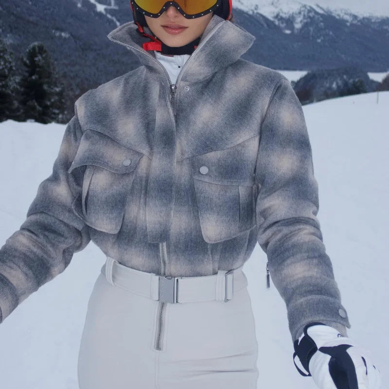 Traje de esquí de una pieza para mujer, cuello alto, cortavientos, con cremallera, cinturón, cintura alta, ajuste delgado, mono de nieve, novedad de invierno