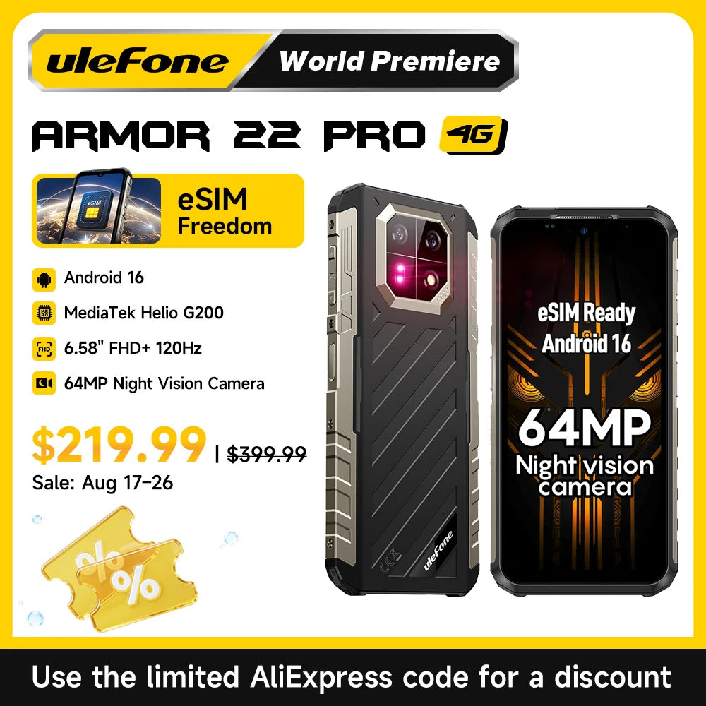 Smartphone robusto Ulefone Armor 22 Pro, eSIM, Android 16, MTK G200, 128GB/256GB, versión global, resistente al agua y a los golpes, para exteriores