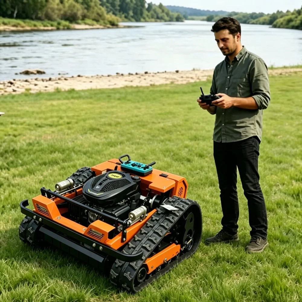 Robot cortacésped todo terreno naranja con orugas y control remoto, visto en césped