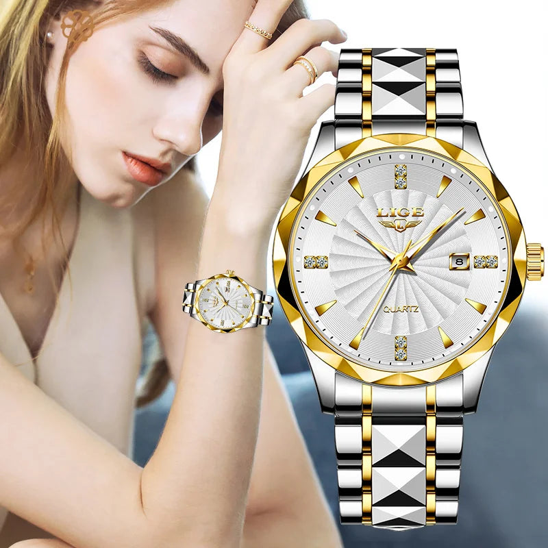 Reloj de lujo para mujer LIGE, reloj de cuarzo luminoso para deportes al aire libre, movimiento importado, reloj impermeable de acero inoxidable para mujer