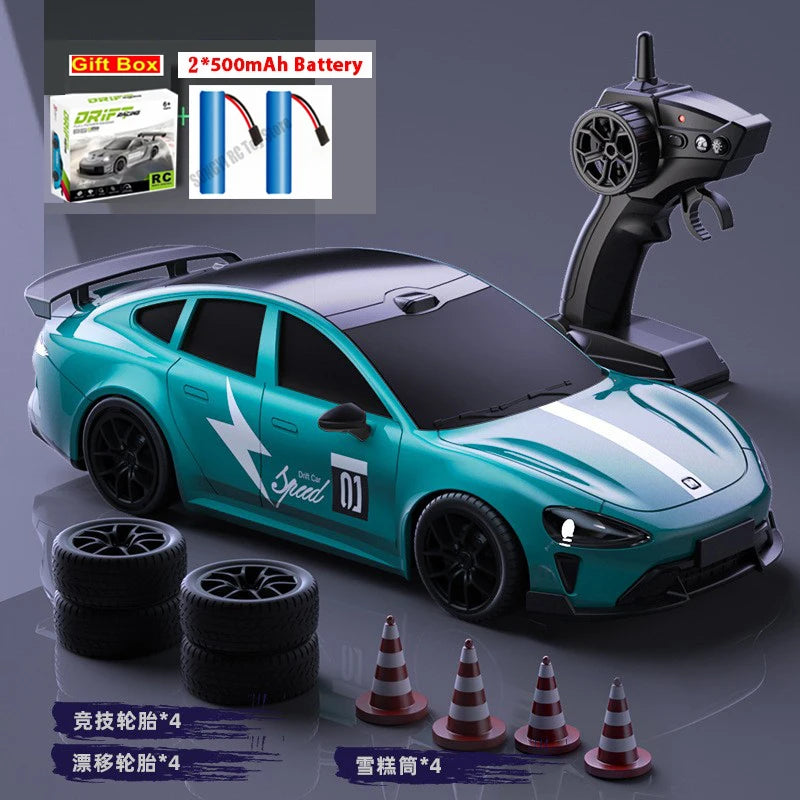 Coche RC de deriva 1:24 verde azulado con control remoto y neumáticos negros