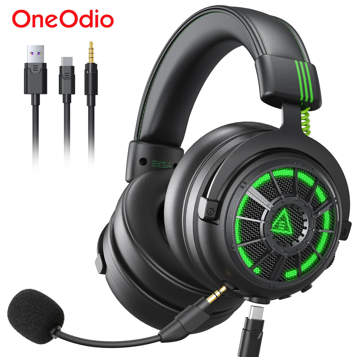 Auriculares gaming con micrófono ENC, negros, aro LED verde y cable 3,5 mm/USB.
