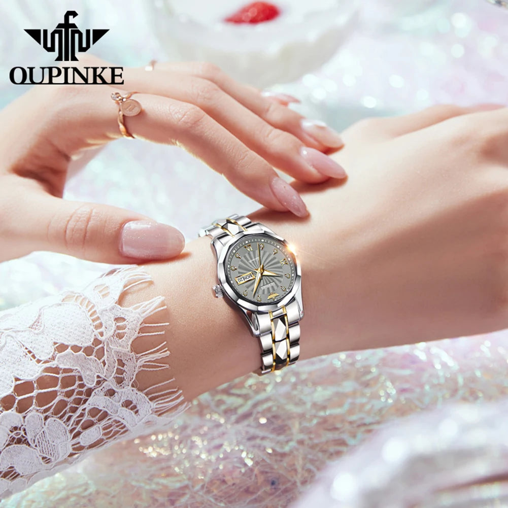 OUPINKE 3169 Reloj mecánico automático de lujo, elegante y moderno para mujer, con calendario de día y fecha, resistente al agua, regalo original