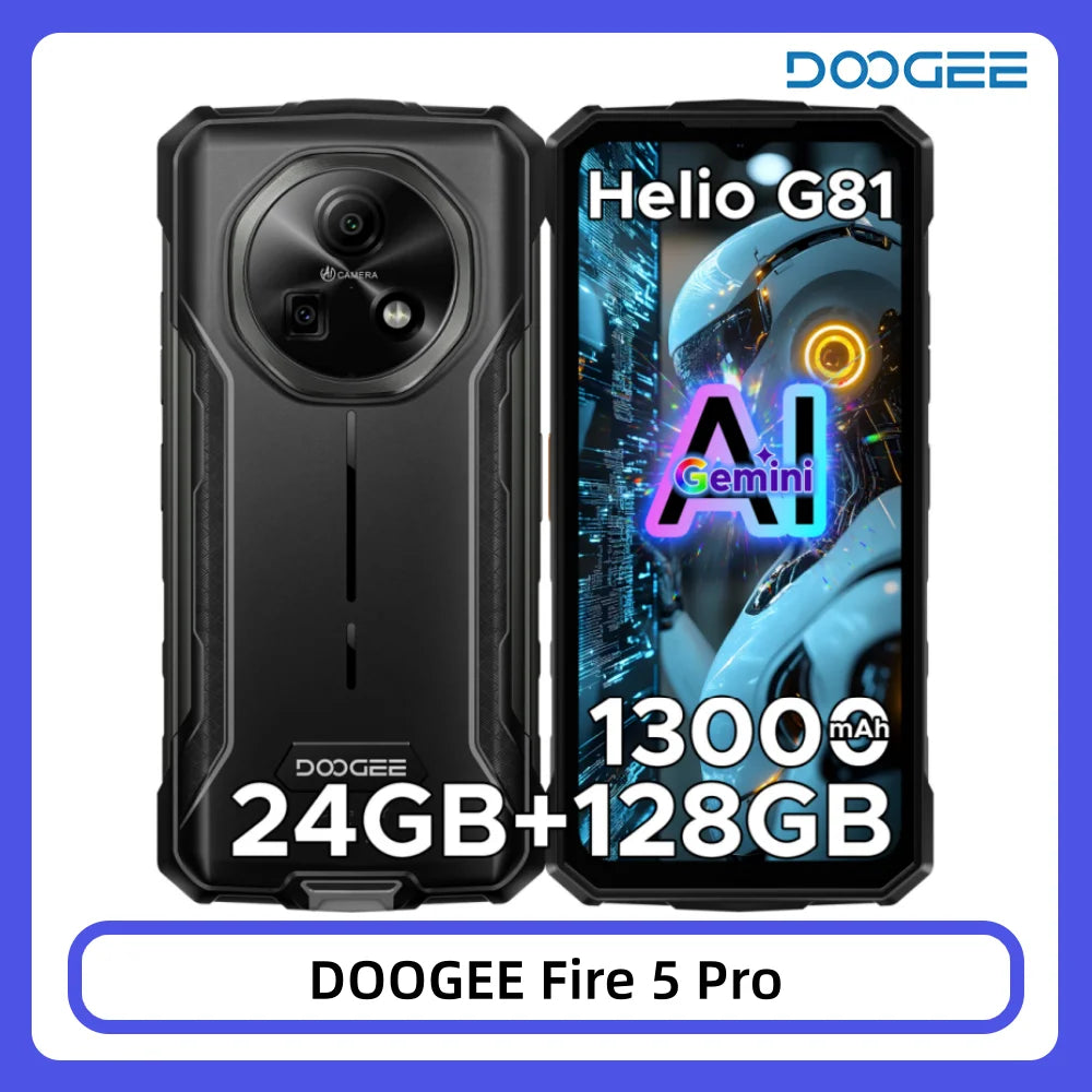 Smartphone rugerizado DOOGEE Fire 5 Pro, 24GB+128GB, pantalla HD+ de 6.6", batería de 13000mAh, Helio G81, 13MP+8MP, NFC, Android 16