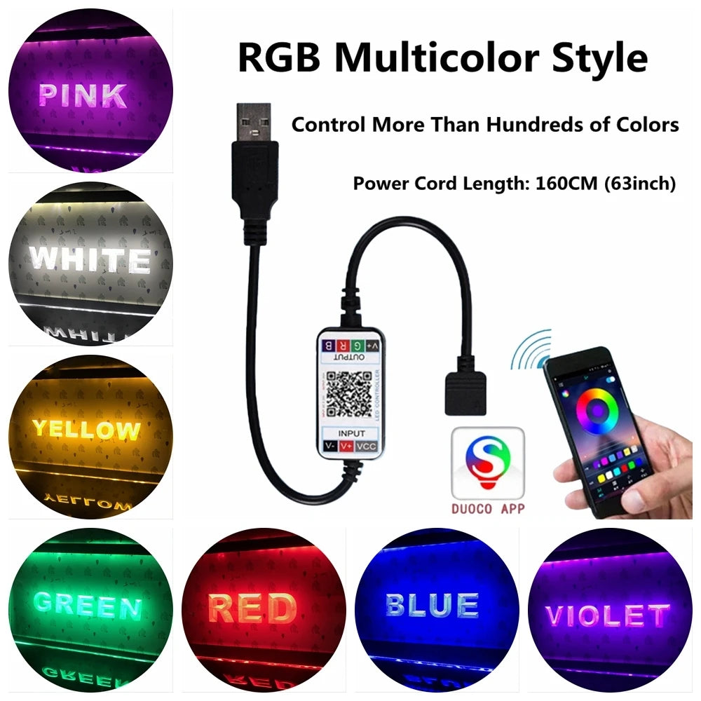 Controlador RGB multicolor con aplicación móvil y varios colores de neón en círculos.