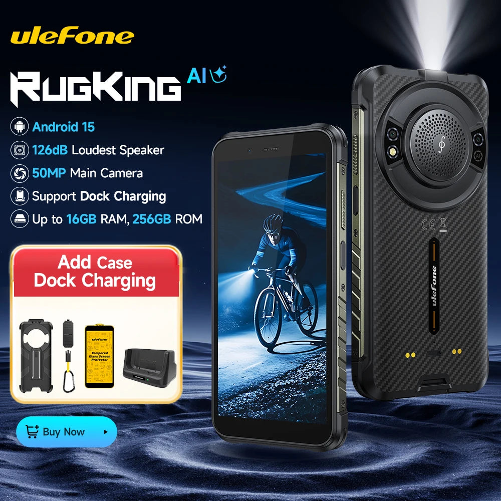 Smartphone ultrarresistente Ulefone RugKing 4G, Android 15, hasta 16GB RAM+256GB ROM, 9600mAh, NFC, pantalla de 5.99", altavoz potente, teléfono resistente al agua