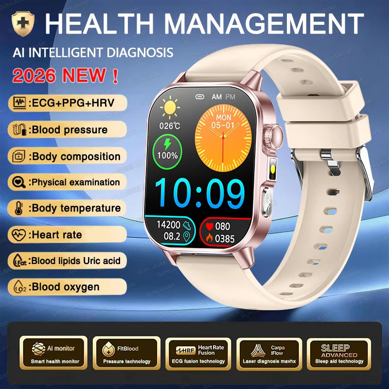 Nuevo reloj inteligente para hombres con diagnóstico de salud preciso ECG, presión arterial, oxígeno en sangre, grasa en sangre, ácido úrico, temperatura y llamadas Bluetooth