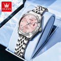 OLEVS Women's Watches Trend Fashion Silver Stainless Steel Original Brand Wristwatch Big Date Texture Threaded Bezel Waterproof