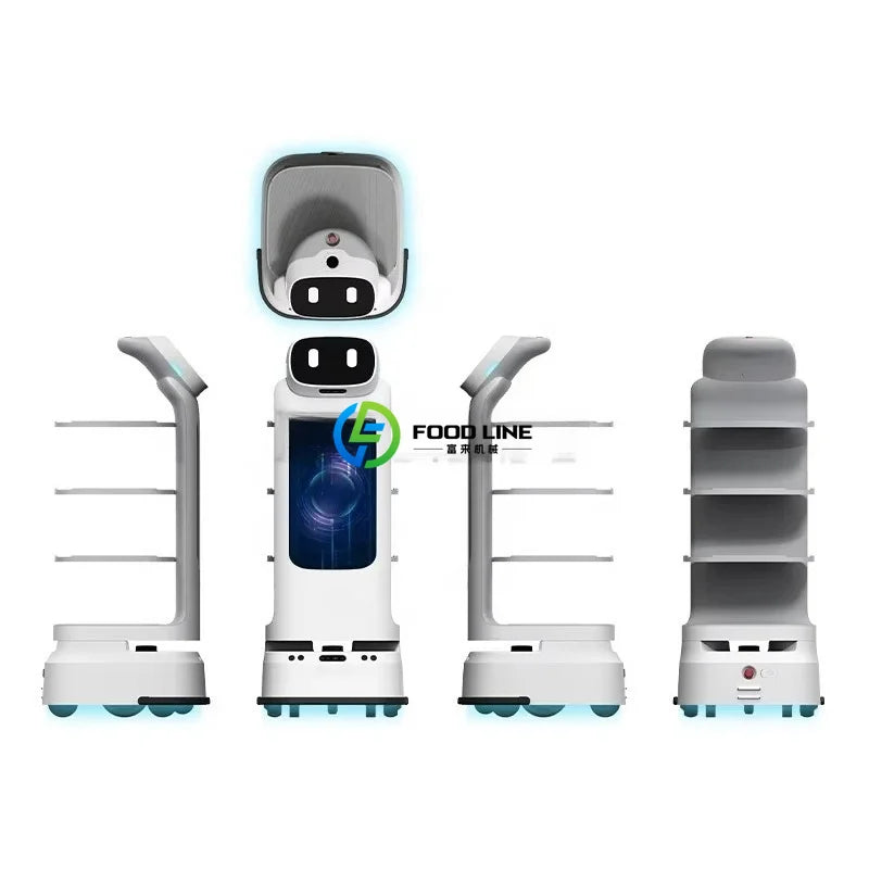 Robot camarero repartidor blanco en varias vistas, con estantes y bases de ruedas