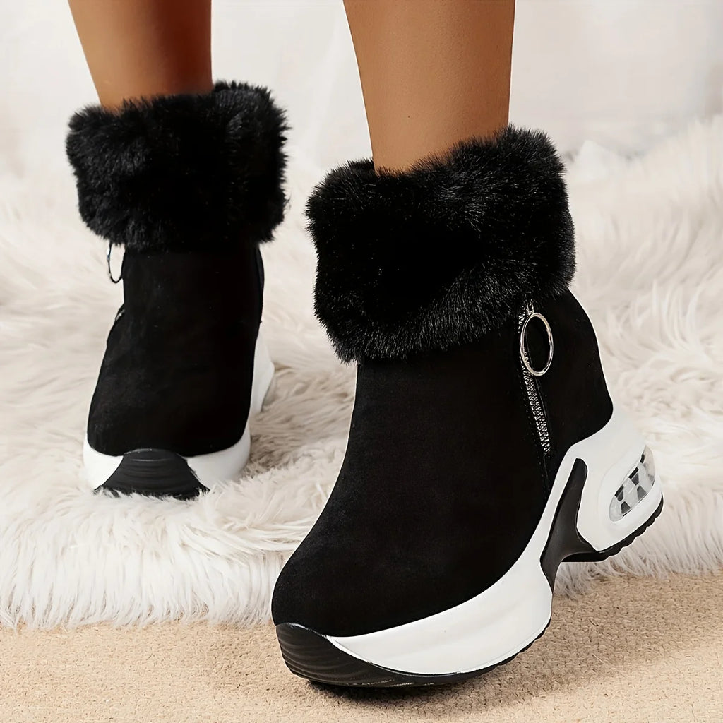 Zapatillas de deporte cálidas para mujer, botas cortas informales con forro de empuje y cremallera lateral, botas de nieve hasta el tobillo para mujer, botas de cuña con plataforma
