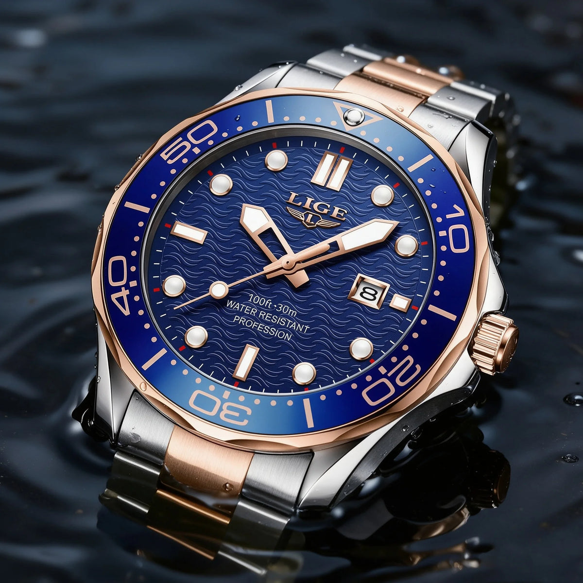 LIGE Classic Quartz Watch for Men Rotating Bezel Luminous Calendar Business Men's Watches Stainless Steel Man Wristwatch+Box