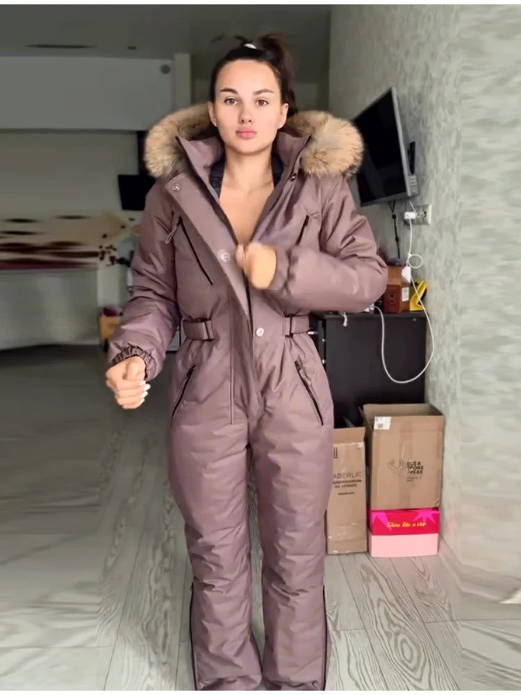Mono de esquí de una pieza con capucha y parches de piel para mujer, estilo casual, con cinturón, manga larga, cierre de cremallera, mono liso, ropa de esquí para mujer, invierno 2026