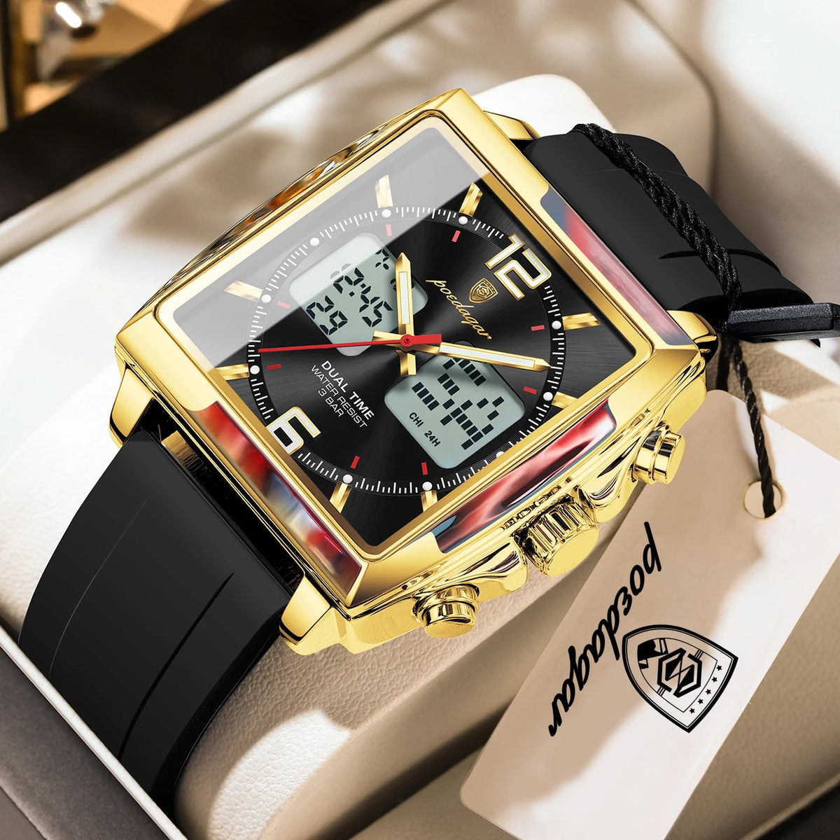 Reloj de pulsera para hombre POEDAGAR Fashion Square, cronógrafo de cuarzo con alarma LED, fecha y día, reloj militar electrónico
