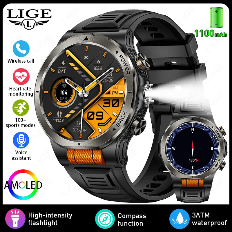 LIGE 2026 New 1100mAh Battery Smart Watch Waterproof Sports Tracker Health Monitoring Outdoor Compass Smartwatch With Flashlight