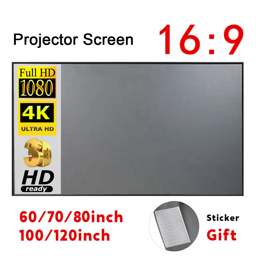 Pantalla de proyector gris con relación 16:9, opciones de 60 a 120 pulgadas.