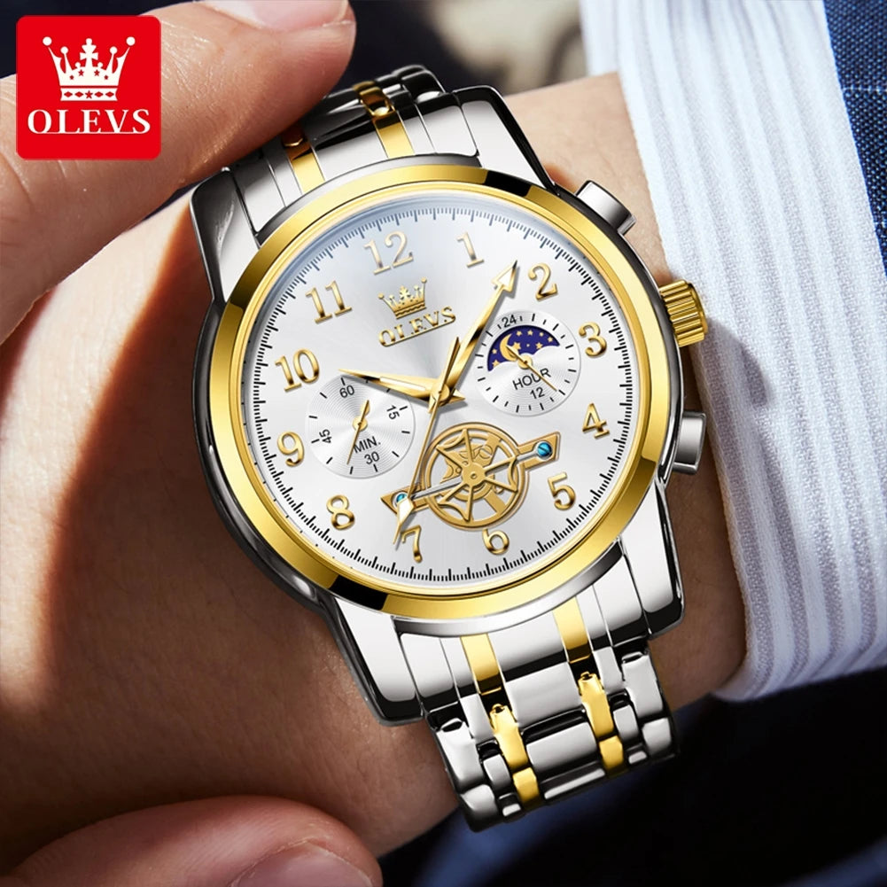 Reloj OLEVS 2900 de fase lunar para hombre, de acero inoxidable, resistente al agua, luminoso, a la moda, esqueleto, cronógrafo, reloj de cuarzo para hombre, NUEVO