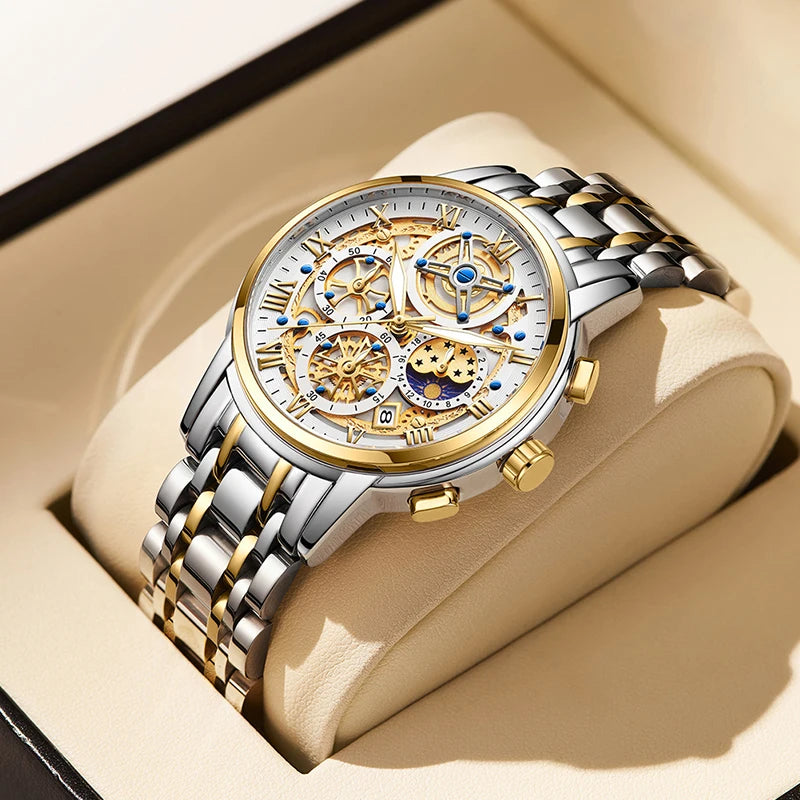 Reloj LIGE 2026 para hombre de acero inoxidable, reloj de cuarzo con fase lunar, resistente al agua, luminoso con calendario, regalo de Halloween