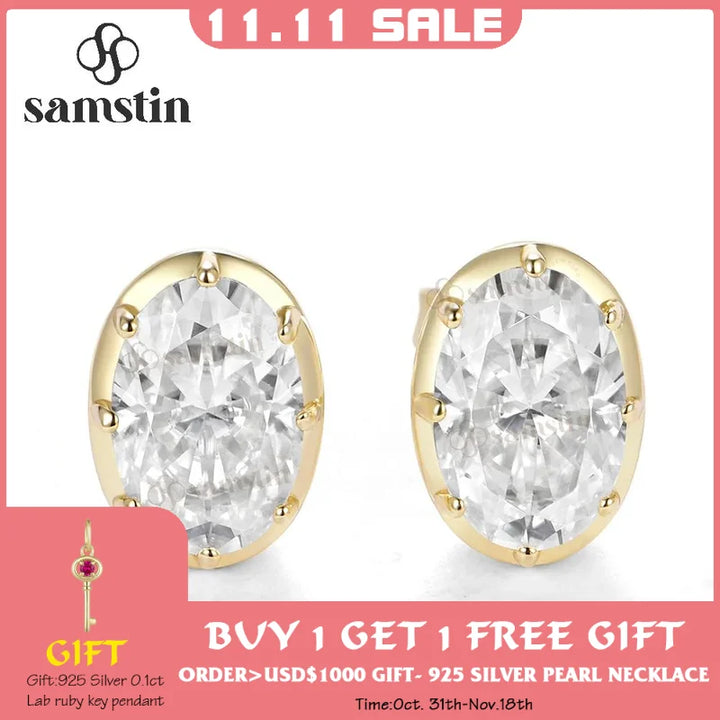 Pendientes Ovalados Personalizados Samstin con Diamantes Cultivados en Laboratorio IGI de 4CTW para Mujeres y Hombres, Oro Amarillo Sólido de 14K 10K 585 para Regalos de Navidad