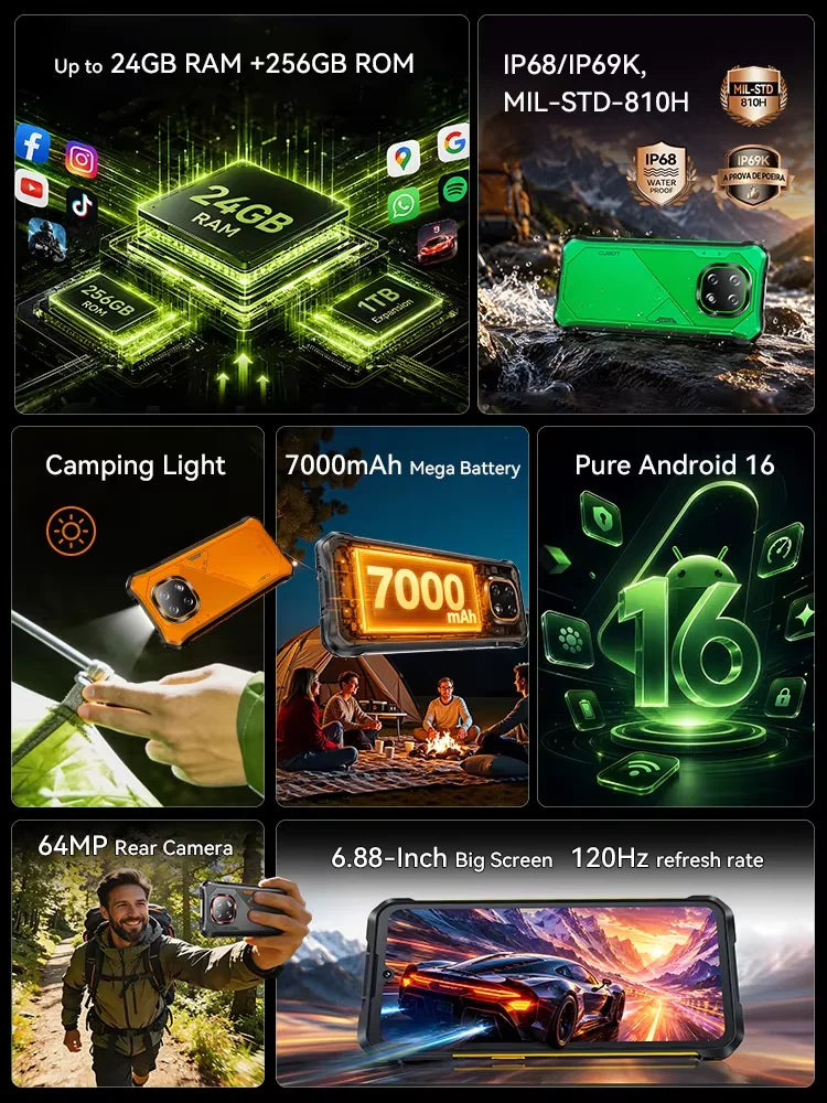 [Shipping From Poland] Cubot KingKong ES 5 Rugged Smartphone Android 16 Up to 24GB RAM(12+12GB) 256GB ROM 6.88-Inch 120Hz Screen 7000mAh Battery NFC Face Recognition Fingerprint Recognition IP69K 64MP+16MP SCT620