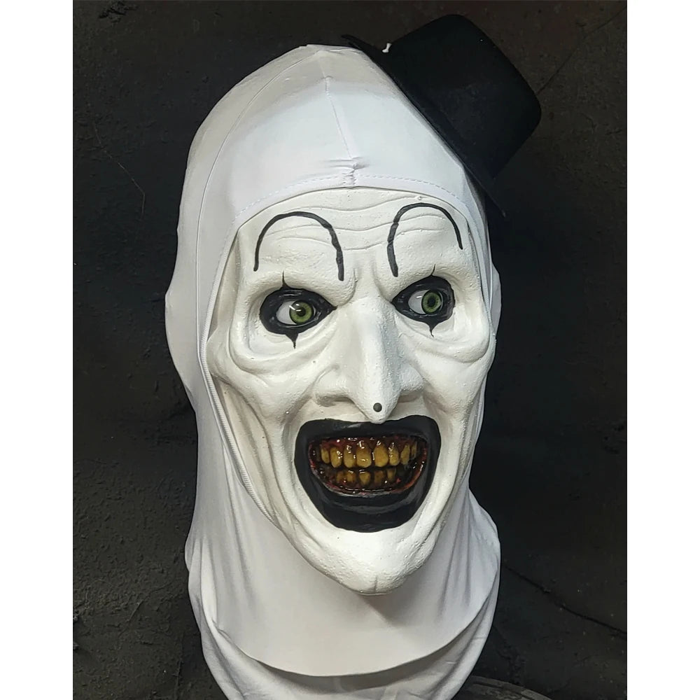 Espeluznante arte terrorífico la máscara de payaso Cosplay Horror Demon Killer Joker sombrero casco de látex fiesta de Halloween accesorios de disfraz Purim