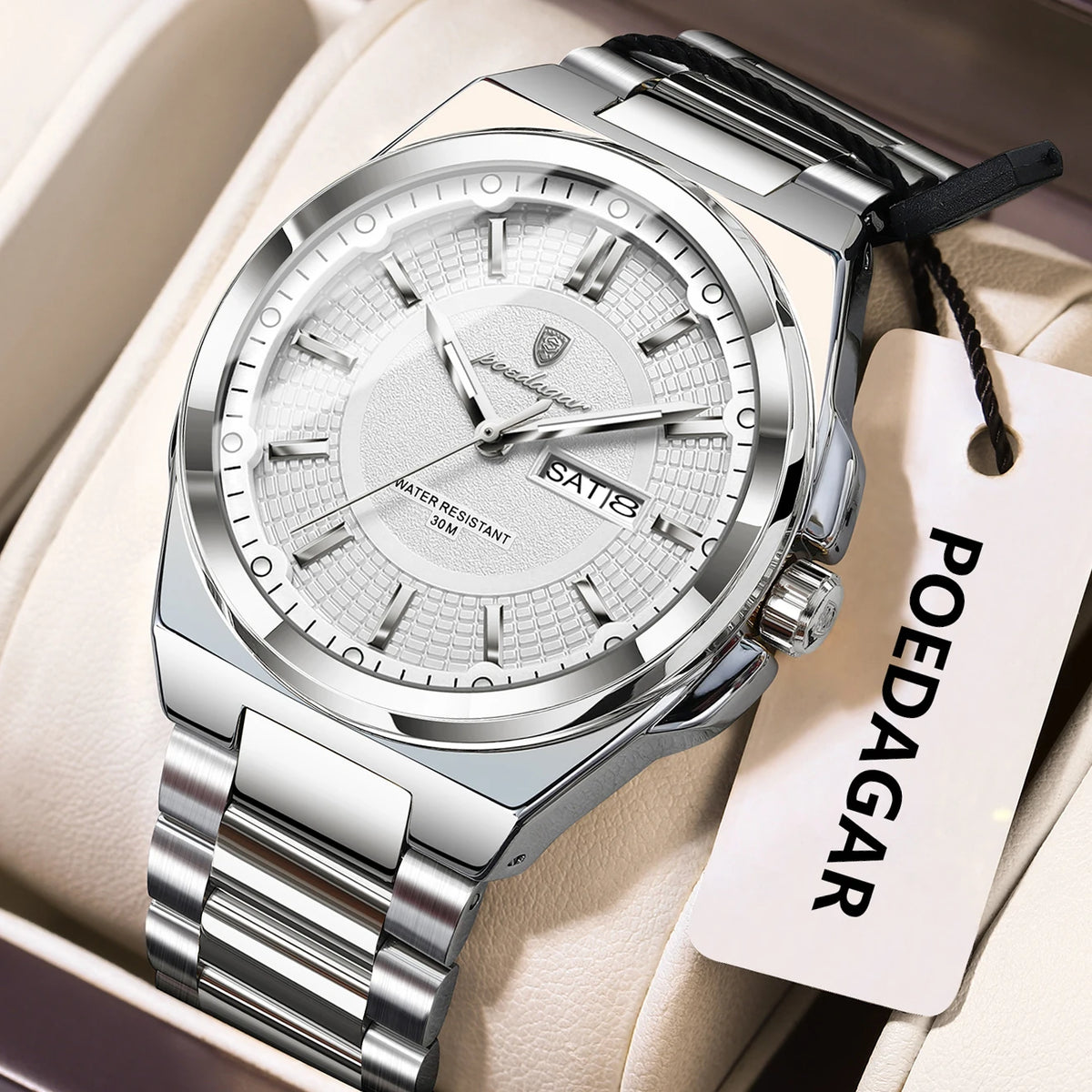 Reloj de pulsera deportivo original POEDAGAR para hombre, de cuarzo, fecha, semana, de lujo, resistente al agua, luminoso, de acero inoxidable