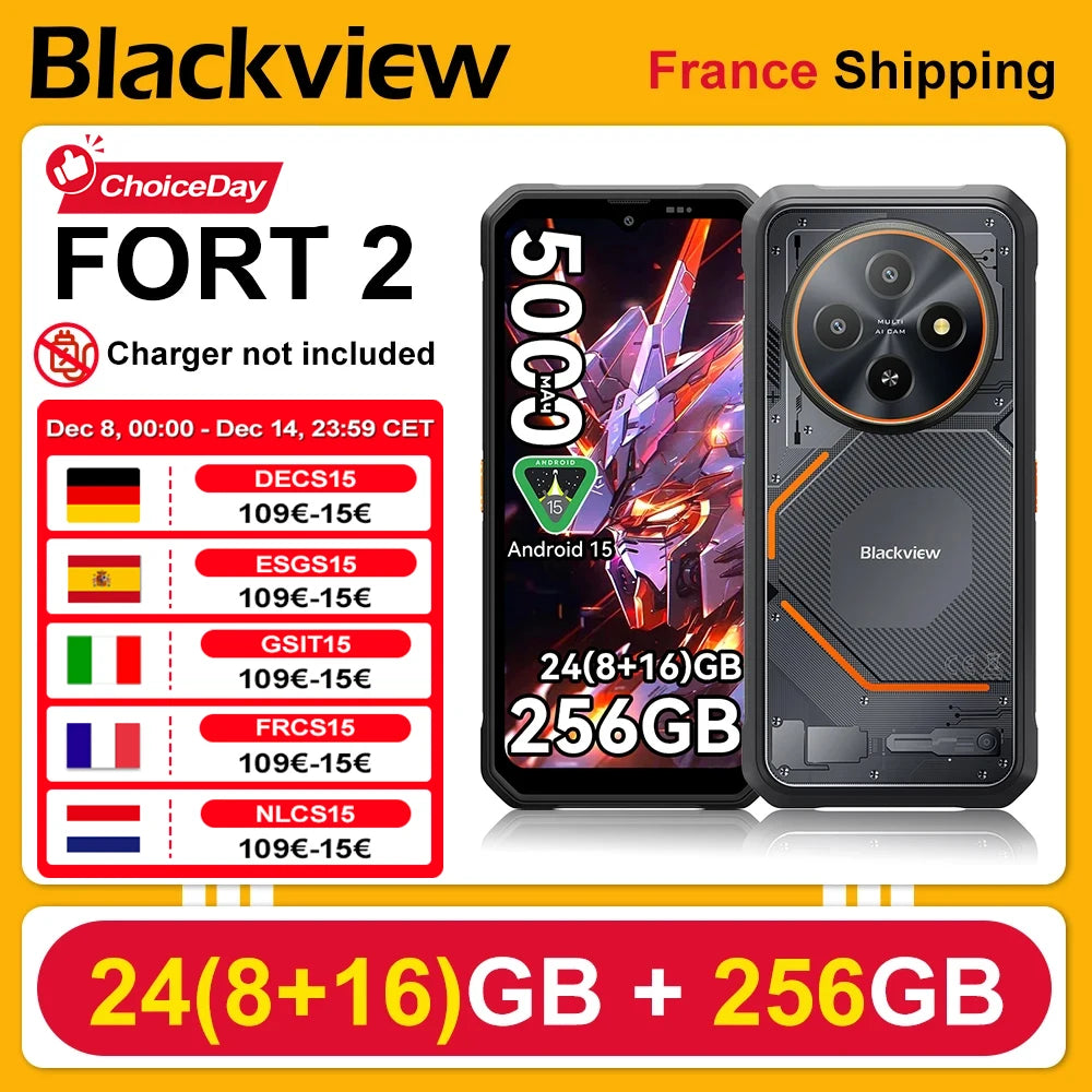 Smartphone resistente Blackview FORT 2 [Sin cargador UE] 24(8+16)GB+256GB 5000mAh 18W Android 15 6.56'' HD+ IPS NFC/GPS Dual SIM