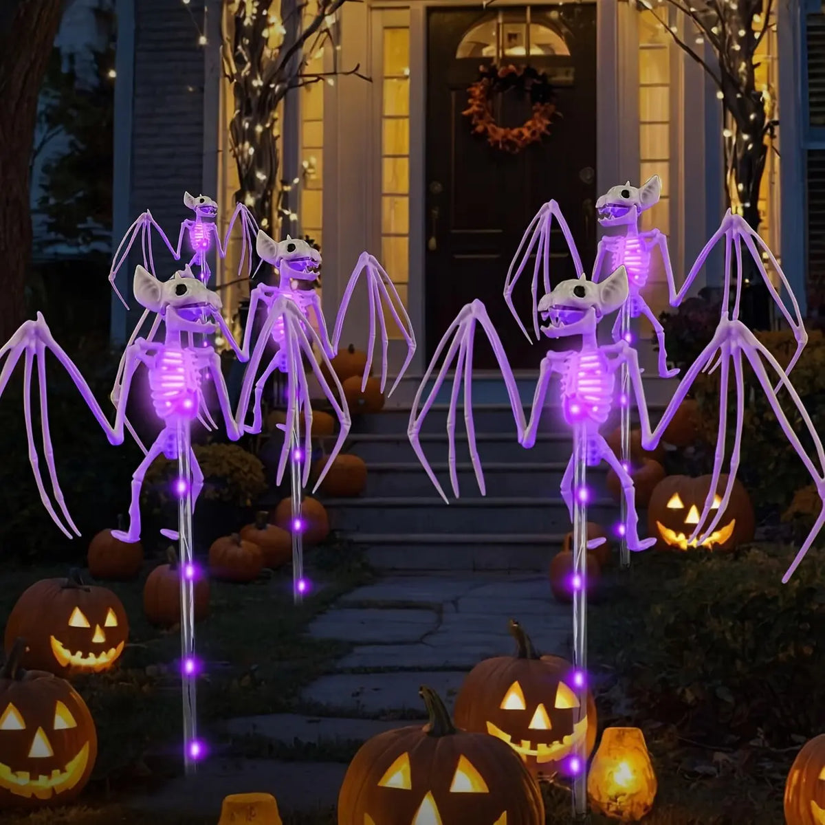 Set de 2 luces LED solares de Halloween con forma de esqueleto de murciélago 3D, color morado y naranja, resistentes al agua, para decoración de jardín, exteriores y fiestas en casa