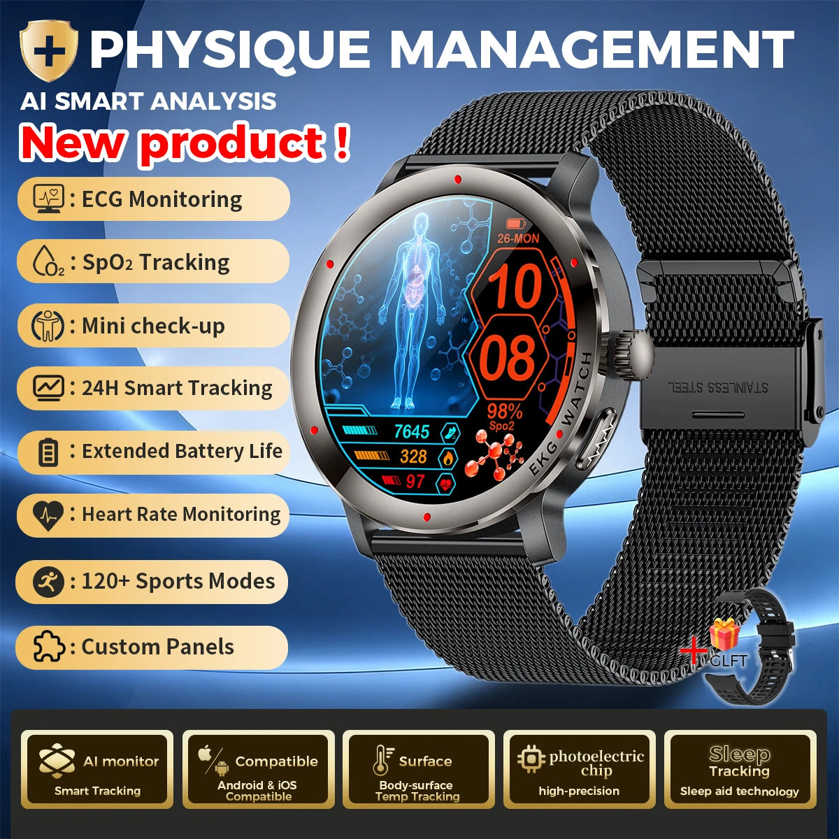 Reloj inteligente LIGE 2026 con diagnóstico por IA, ECG+PPG, ácido úrico preciso, oxígeno en sangre, grasa corporal, deportes, fitness, resistente al agua, reloj inteligente de salud