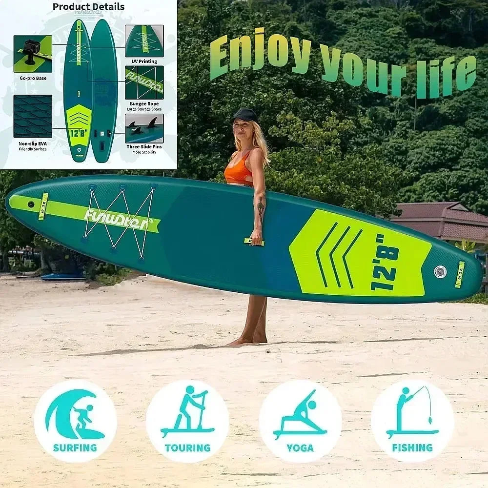 Tabla de Paddle Surf Inflable FunWater SUPFW41B 385x85x15cm para 2 Personas, Capacidad 230kg con 2 Palas, Bomba, Mochila, Correa, Aletas, para Adultos y Niños, Deportes Acuáticos Familiares, Material de Construcción Resist