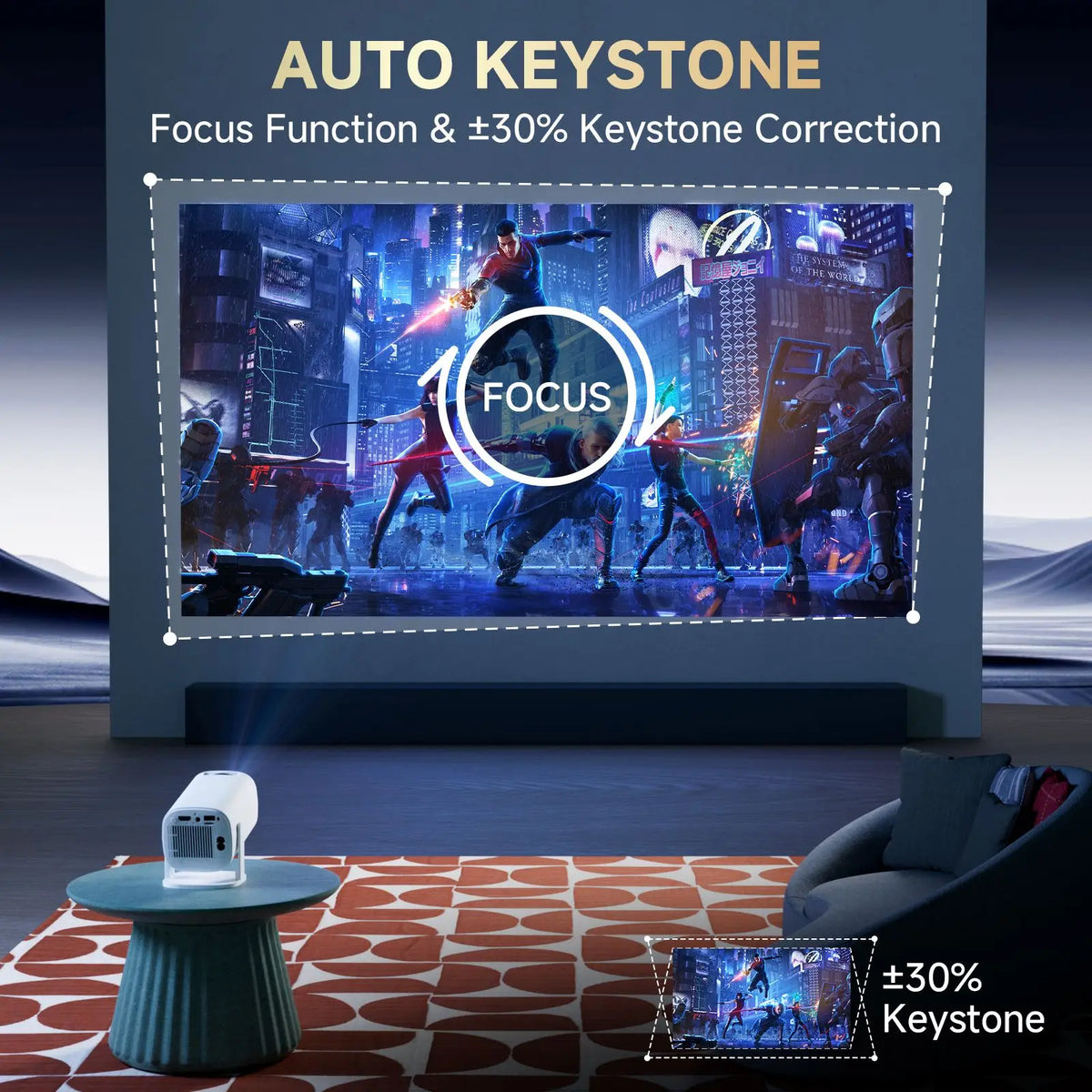 Proyector mini blanco con ajuste automático de keystone (+30%) proyectando escena