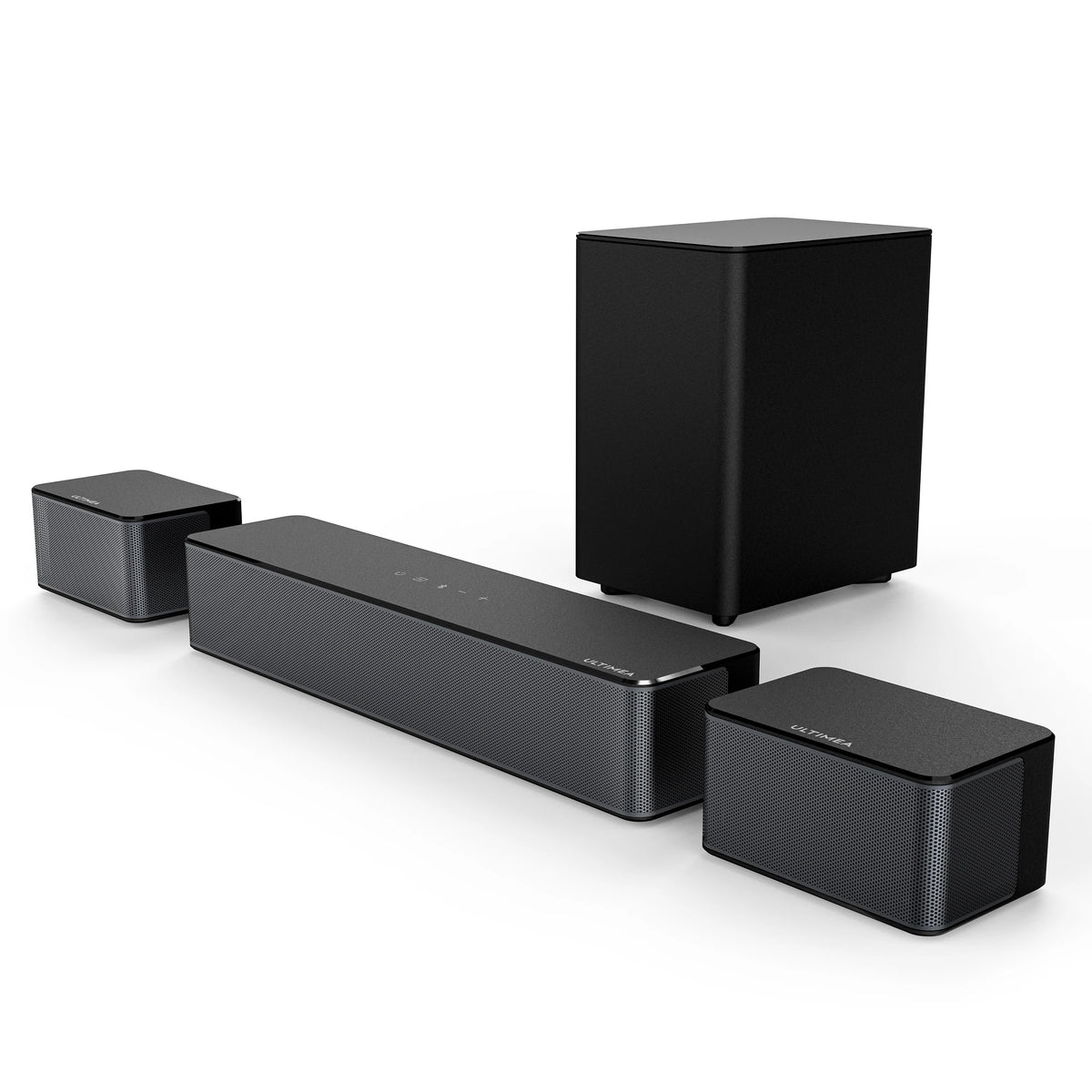 Barra de sonido negra con subwoofer y altavoces satélite inalámbricos