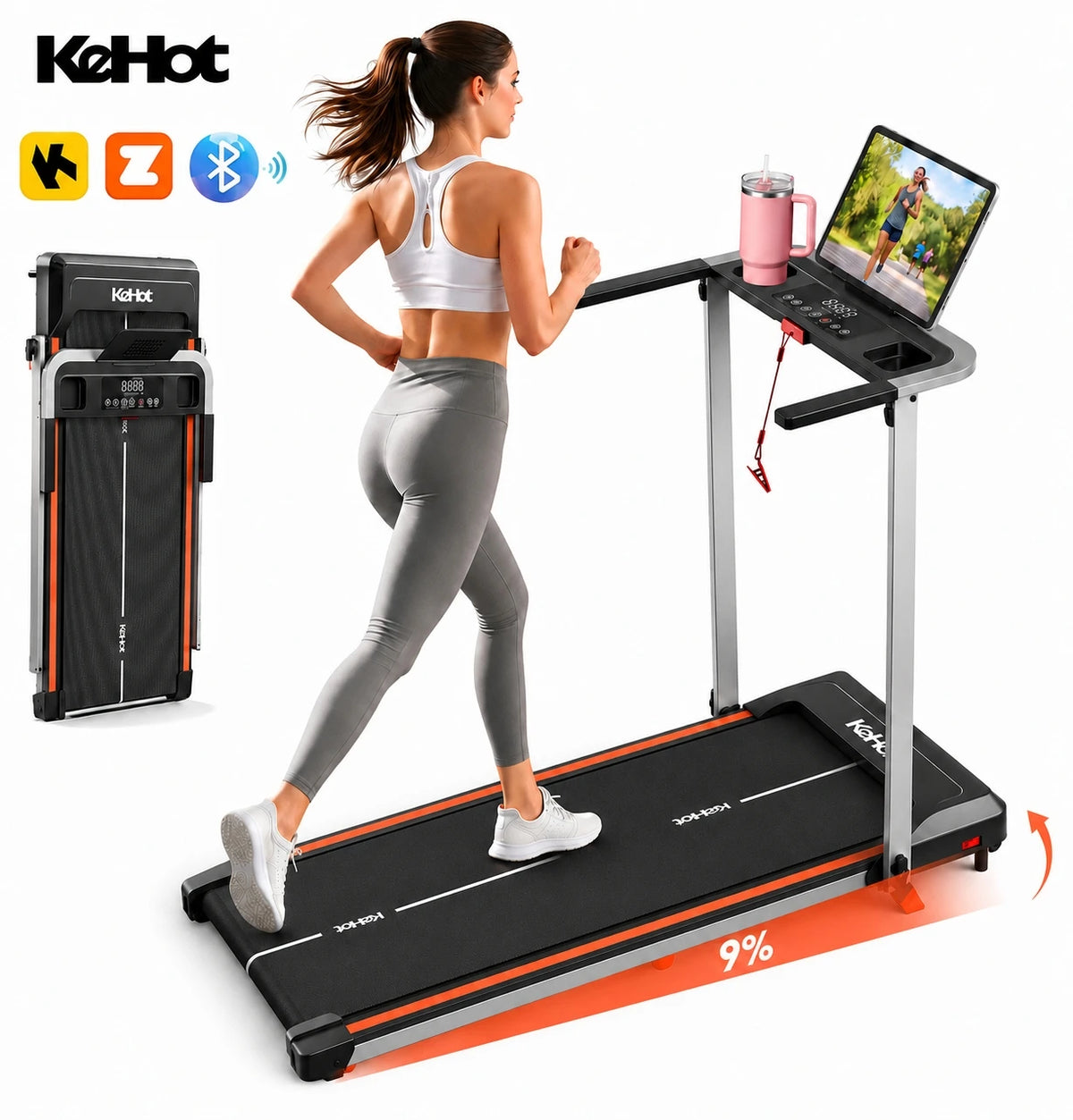 Caminadora plegable 2 en 1 para caminar y correr, motor DCMotor de 2.0HP de potencia máxima, velocidad ajustable de 1-12 km/h, panel de visualización LED multifunción, 12 programas preestablecidos + sistema de sonido, 3 mo