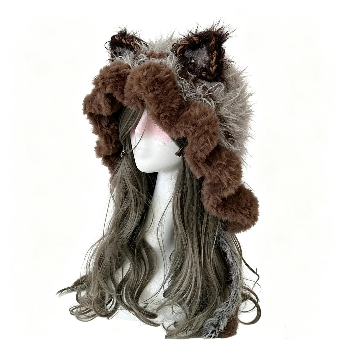 Gorro de ganchillo hecho a mano, personalizado, marrón y gris, con orejas de gato, suave y esponjoso, de punto, para mujer y hombre, cálido para invierno, informal, para cosplay, estilo Goblincore, regalo.
