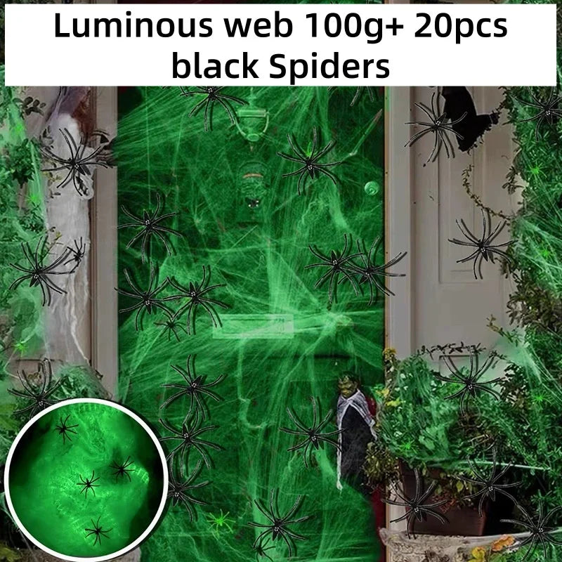 Decoración de Halloween con telarañas que brillan en la oscuridad, telarañas de algodón elásticas con arañas de imitación, decoración reutilizable para crear un ambiente de fiesta en una casa encantada.