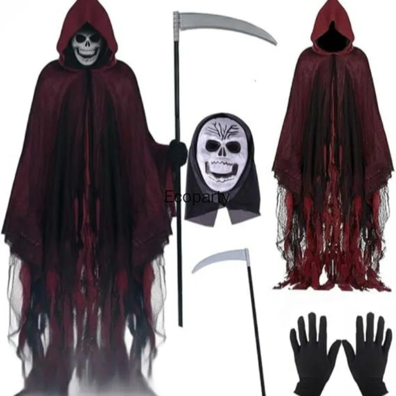 Set de disfraz de la Muerte para adulto, Halloween, fantasma, dementores, cosplay, capa con capucha, máscara y guantes para fiesta del Día de los Muertos