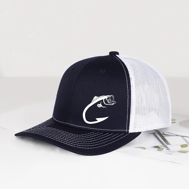 Gorra de camionero con estampado de anzuelo para pesca de lubina, ajustable, unisex, de malla, para pesca y protección solar
