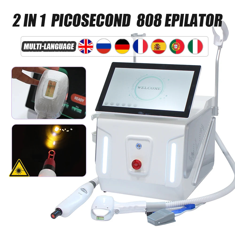 Máquina de depilación láser de diodo profesional 2 en 1, indolora y permanente, 755 808 1064, máquina de depilación láser de diodo 2 en 1 de 4000W, máquina de eliminación de tatuajes Pico Qswitch ND YAG 808